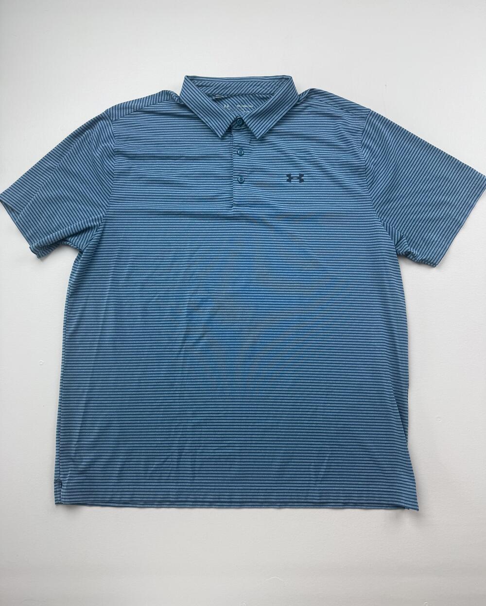 Under Armour Polo Shirt Mens 2XL Blue Striped HeatGear Golf Performance Knit
